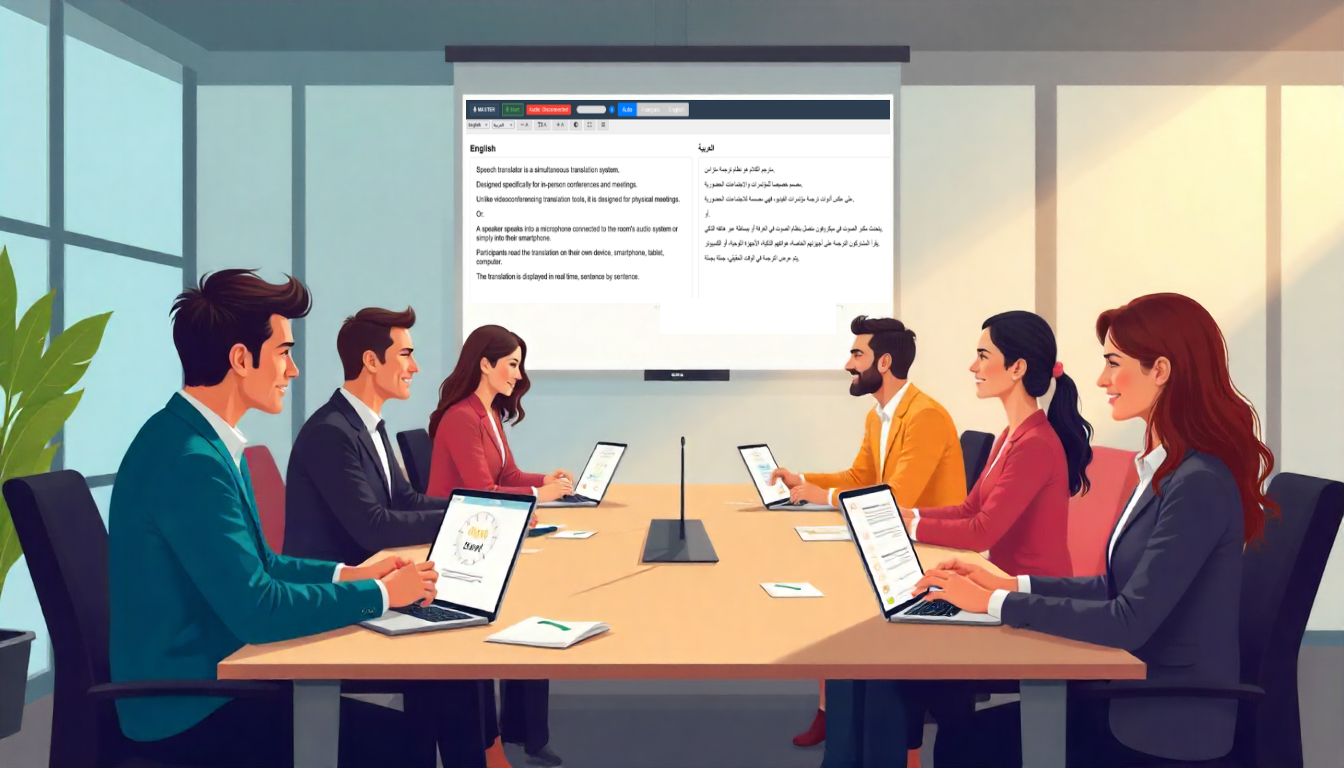 Conference room with participants viewing real-time translations on their devices while a shared screen displays multilingual content